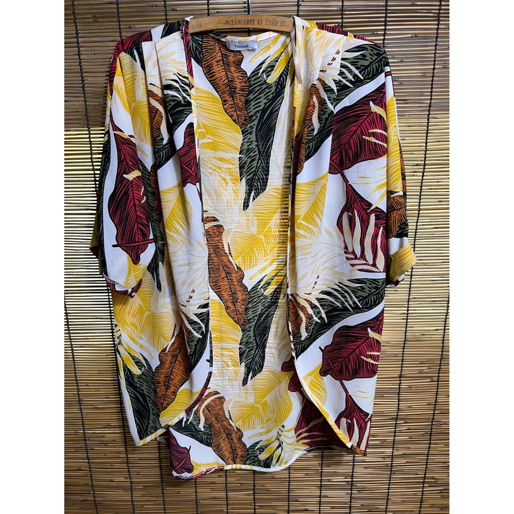 Teenbell Tropical Leaf Print Kimono Wrap Yellow Green Burgundy OS A21